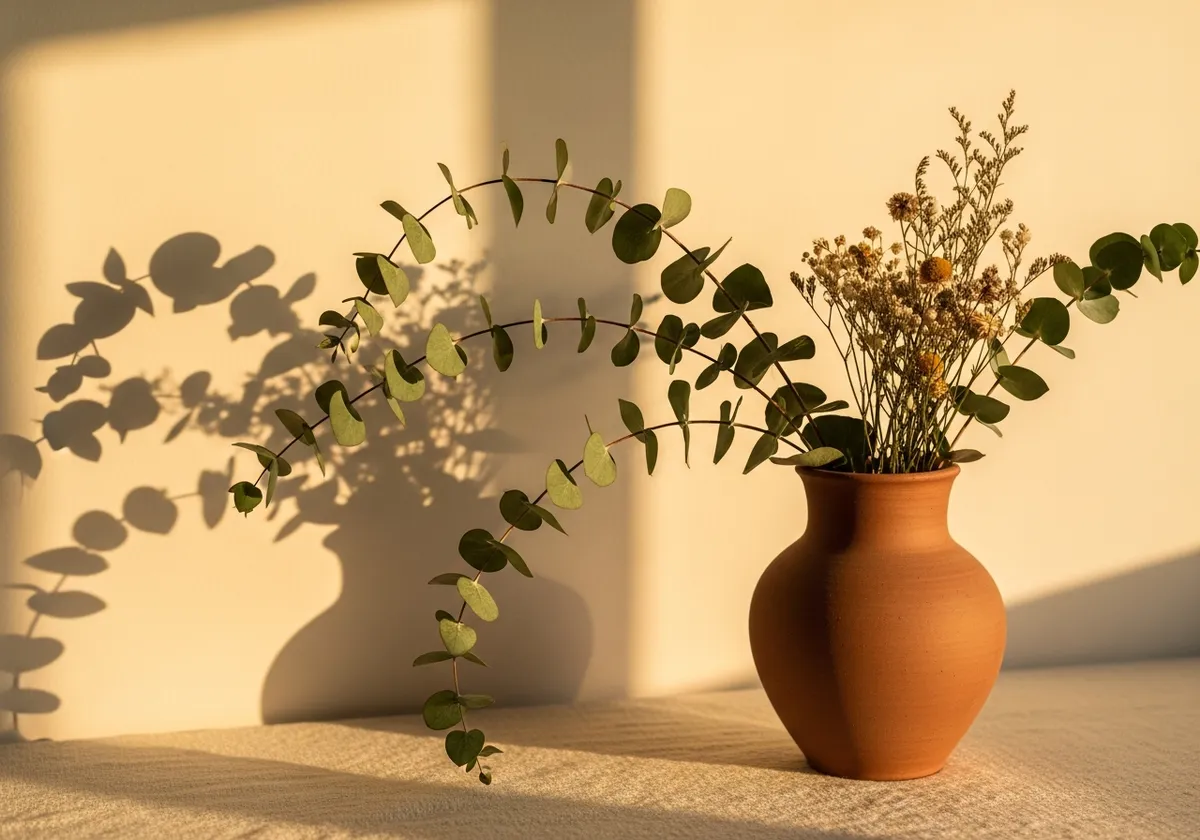 Dried wildflowers and eucalyptus branches in a terracotta vase, lit by warm afternoon sunlight