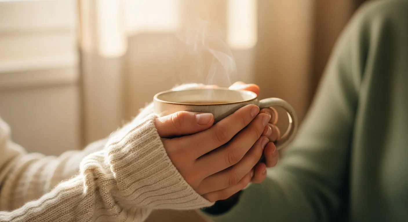 Two hands cradling a warm ceramic mug of herbal tea in soft morning light