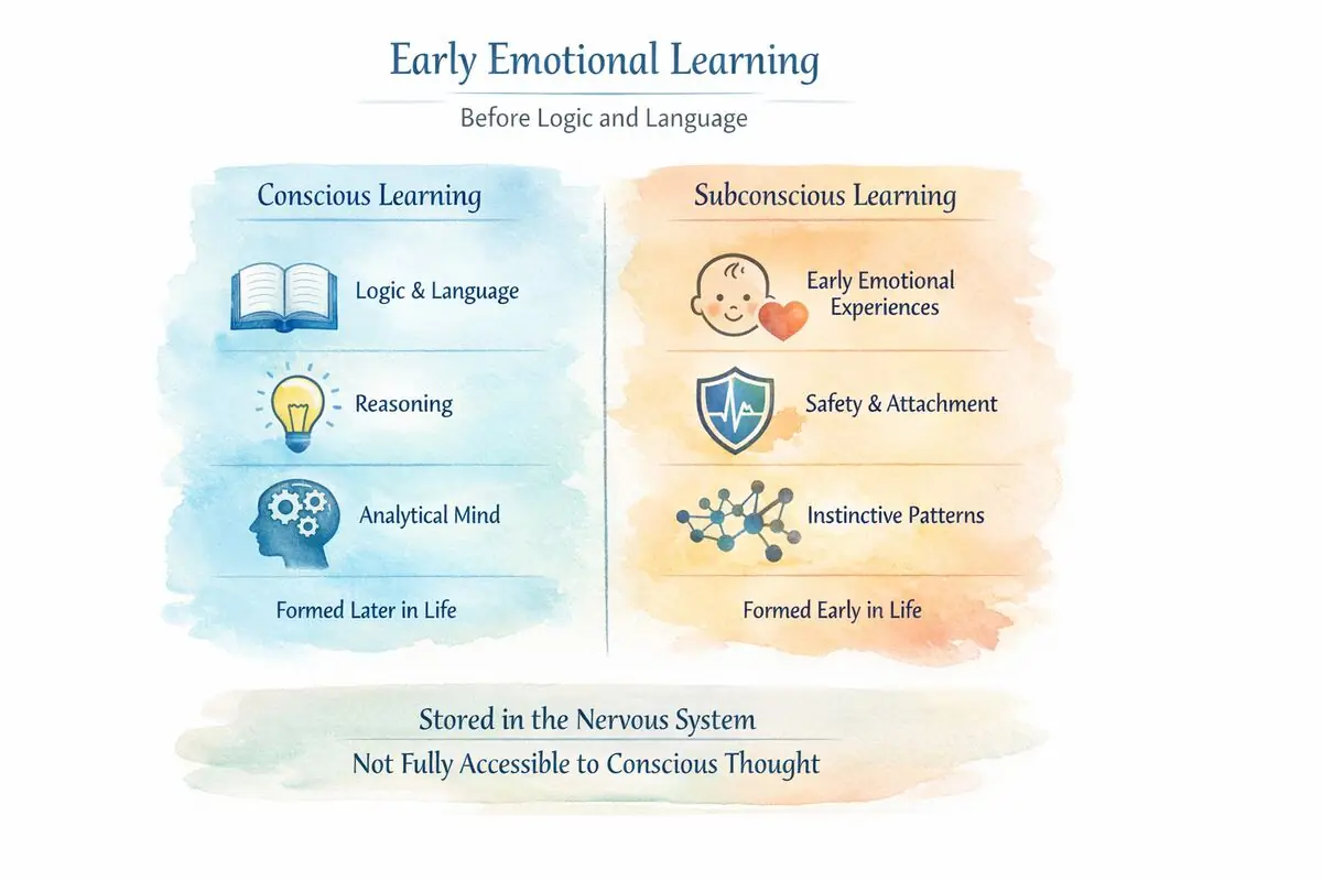 Diagram showing how early emotional experiences, safety, attachment and instinctive patterns form subconscious learning before logic and language develop