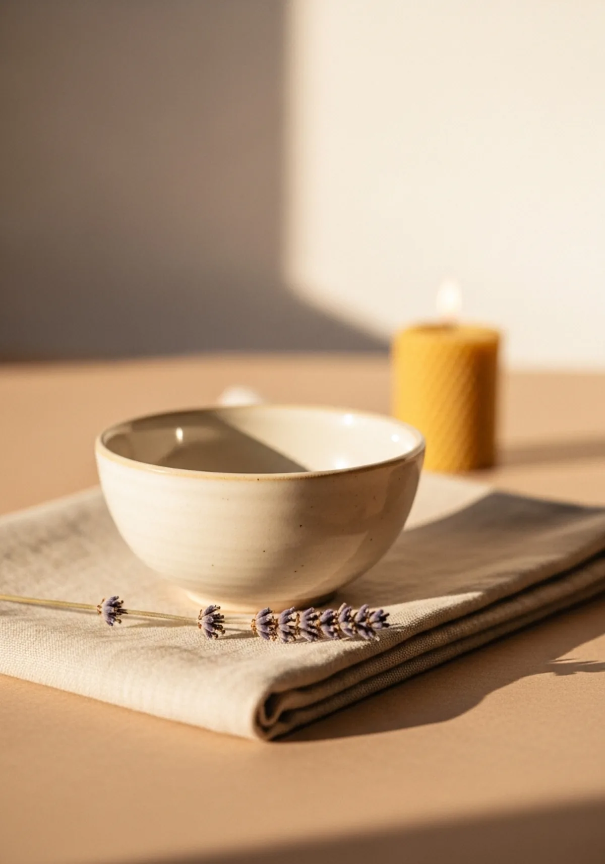 A cream ceramic bowl on a folded linen runner, with a sprig of dried lavender and a beeswax candle behind, lit by soft warm morning sunlight