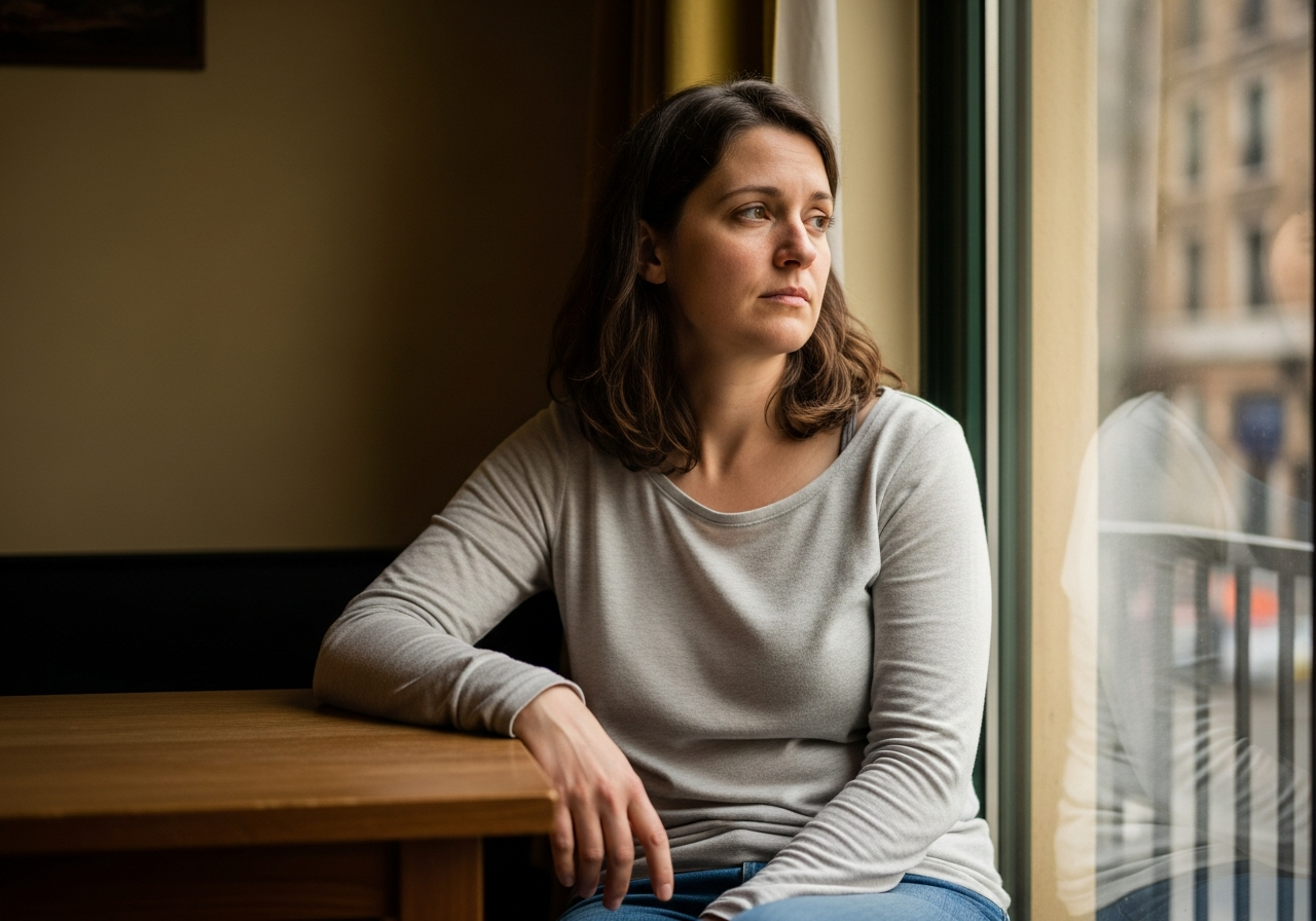 A composed woman with quiet exhaustion behind her expression
