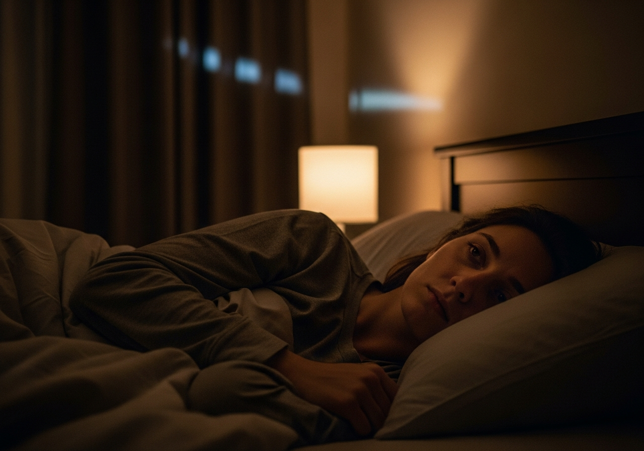 A person lying awake in low light, eyes open, the room quiet around them