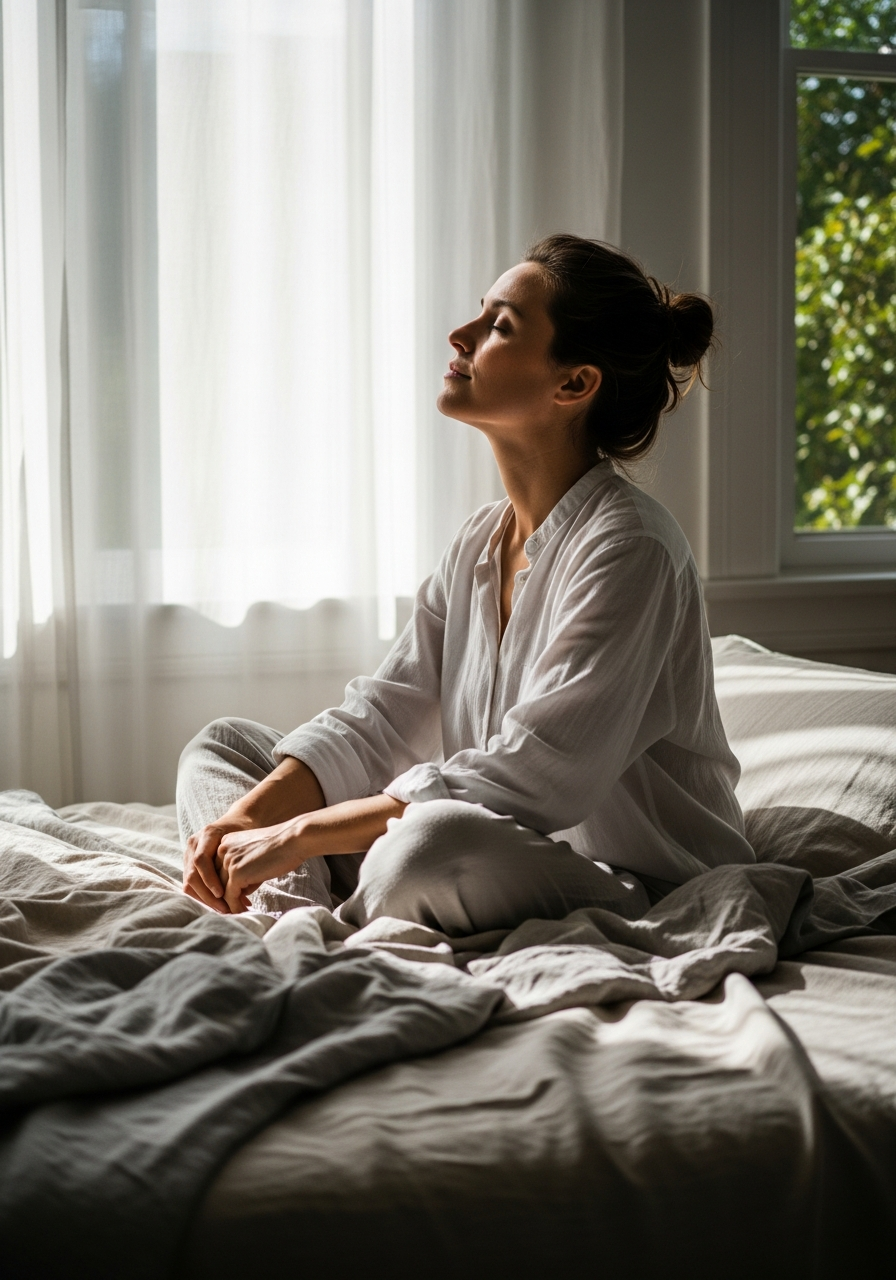 A person seated in warm sunlight, pausing to settle after a reaction
