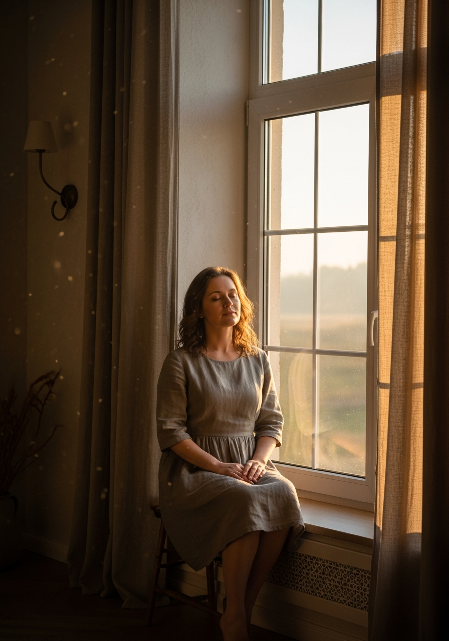 A woman standing at a window in early morning light