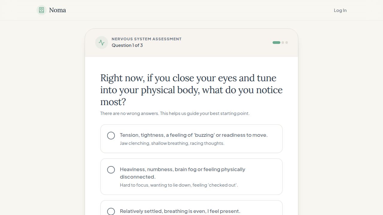 Noma nervous system assessment screen showing a body-awareness question with answer options