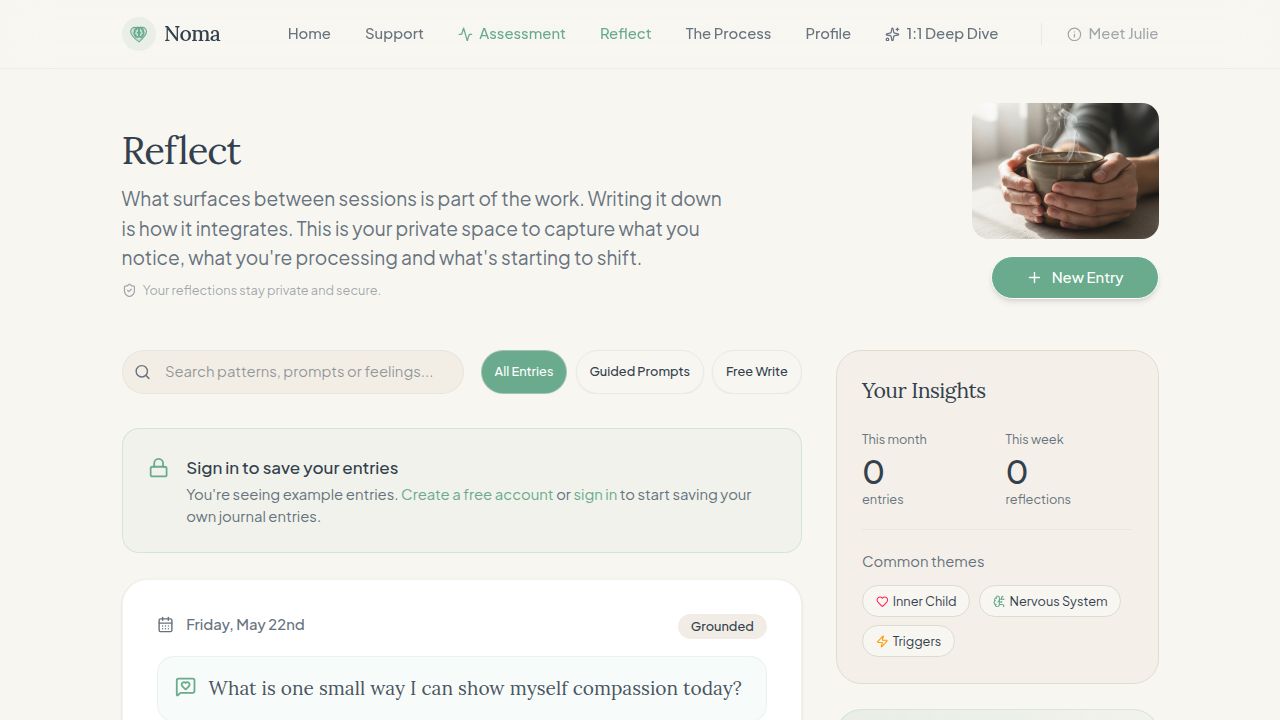 Noma Reflect screen with entry list, free write space and an insights sidebar