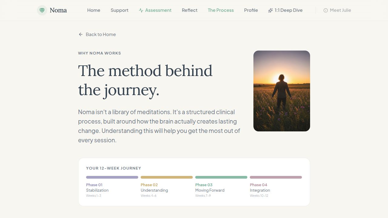Noma The Process page showing the method behind the journey and the four clinical phases