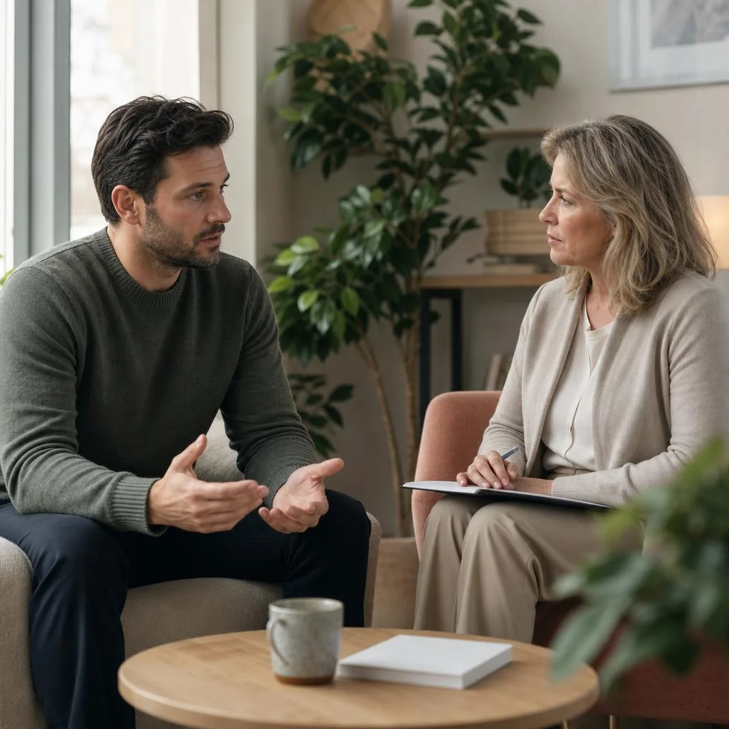 A male professional having a serious private conversation with a female therapist
