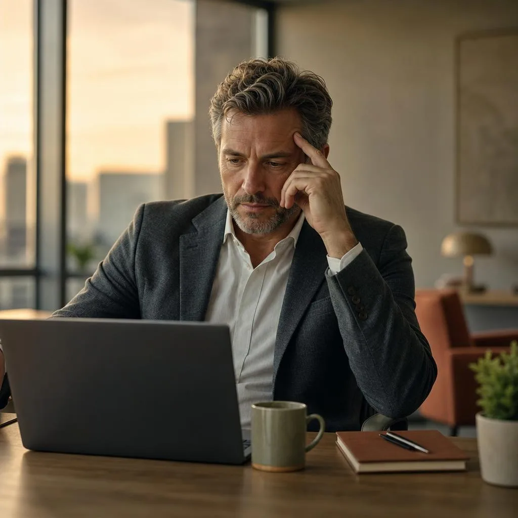 A male professional overthinking his work at his desk
