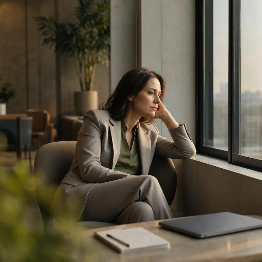 A capable professional taking a quiet moment beside an office window