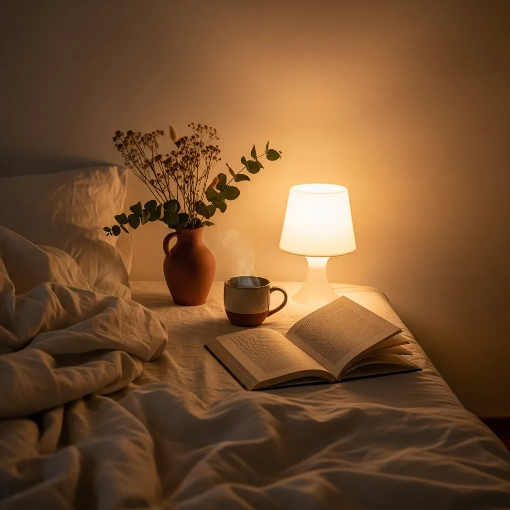 A warm bedside scene at dusk with a softly glowing lamp, a steaming cup and an open book on linen sheets