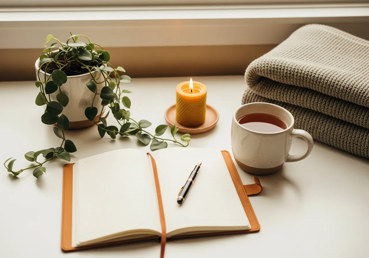 A calm workspace with herbal tea, an open notebook, a softly lit candle and a trailing plant by a sunlit window